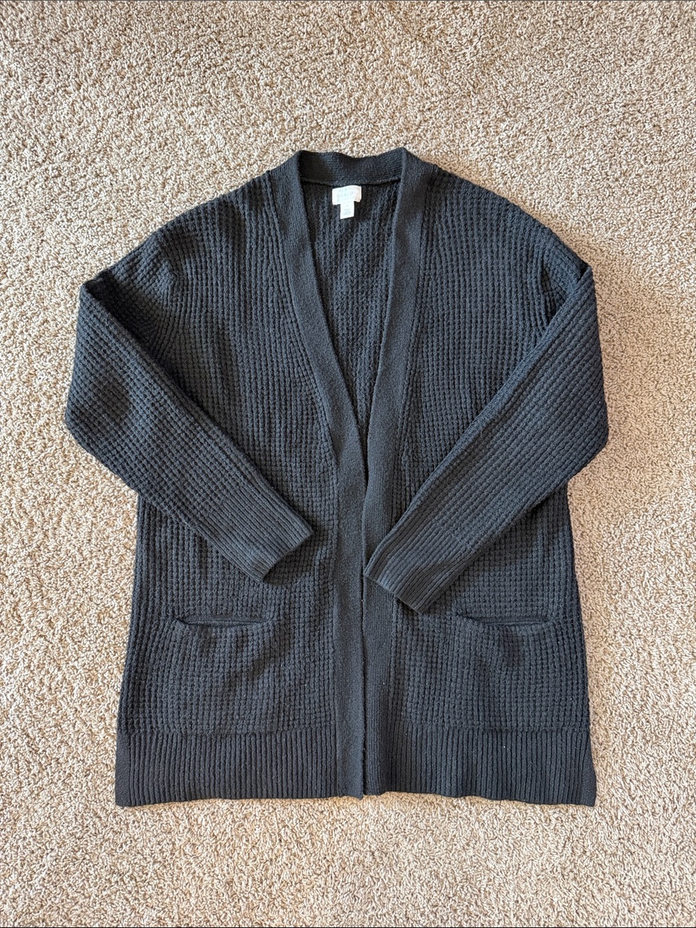 Black Open-Front Waffle Knit Women's Cardigan Sweater